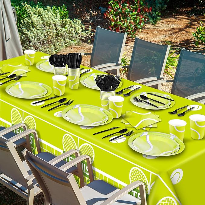 durony 169 Pieces Tennis Party Supplies Include 48 Tennis Dessert Plates 24 Tennis Paper Cups Plastic Tablecloth 24 Tennis Napkins 24 Knives 24 Forks 24 Spoons Tennis Disposable Tableware Set