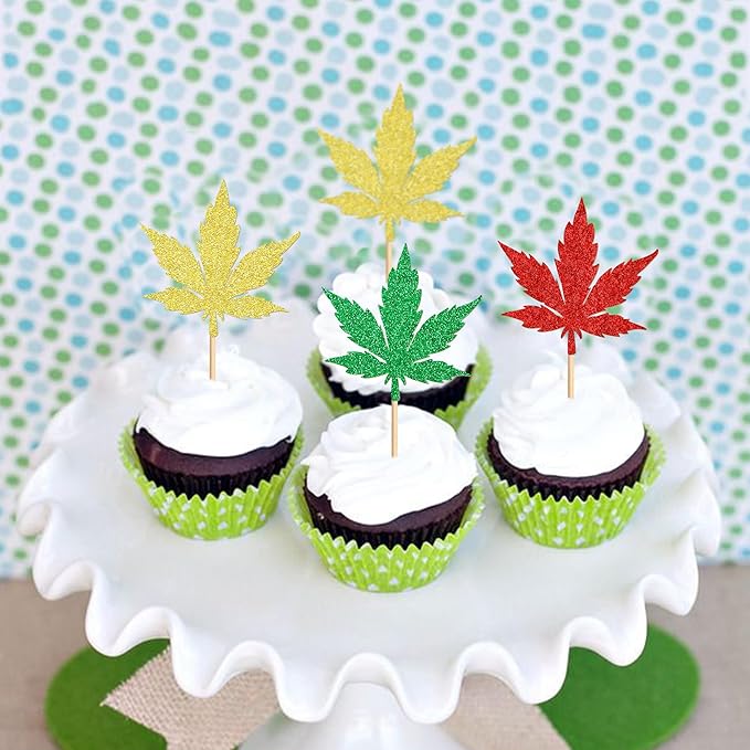 Ercadio 24 Pcs Green Red Glitter Marijuana Cupcake Topper Have a Dope Theme Decor Supplies Man Woman Happy Birthday Party Decorations Supplies