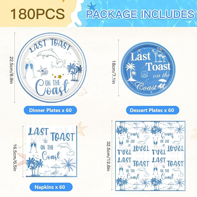 180PCS Last Toast on the Coast Party Supplies Serve 60,Coastal Bachelorette Party Paper Plates and Napkins Kit for Bridal Wedding Girl Birthday Baby Shower Decoration