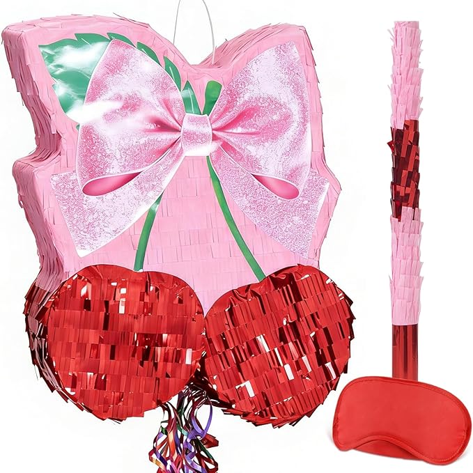 WERNNSAI Cherry Piñata - Pink Bow Party Decorations Cherry Bow piñata with Blindfold and Stick for Girls Coquette Birthday Decorations Princess Bridal Shower Bachelorette Wedding Supplies