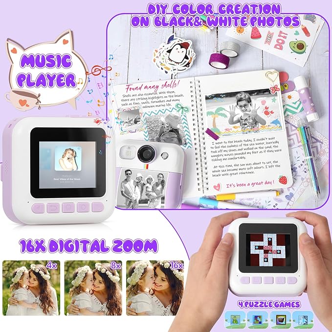 Photomaker Kit Kids 1080P Instant Print Camera for Kid 93 Pcs DIY Journal Kit for Girls Kids Camera Instant Print with 3 Roller Photo Paper Ideas Birthday Gifts and Toys for Girls Boys Age 6-14 Purple