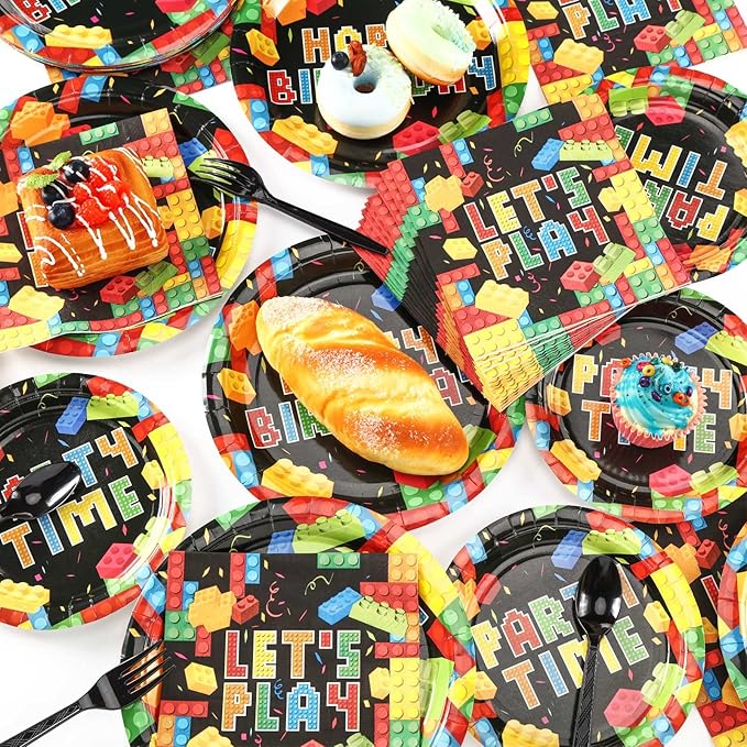 100 Pcs Building Block Party Supplies Building Block Party Plates Napkins Tableware Building Block Party Decoration Favor for Building Block Party Birthday Party (Building Block Party Style)