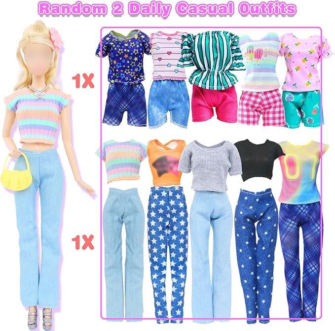 BJDBUS 50 Pcs Doll Clothes and Accessories, 2 Wedding Gowns 4 Fashion Dresses 2 Tops 2 Pants Outfits 2 Swimsuits Bikini 10 Shoes 10 Hangers 17 Accessories Stuffers for 11.5 inch Girl Doll