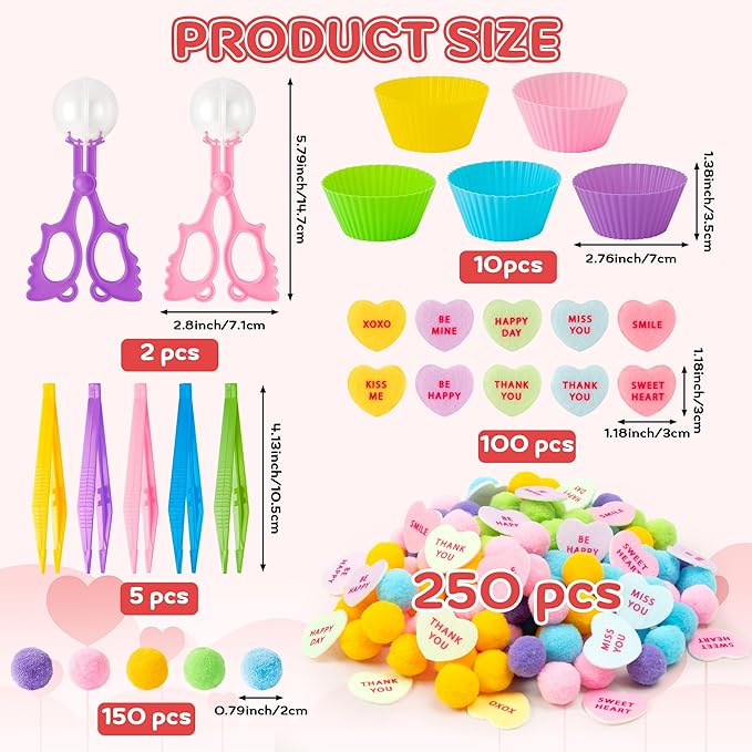 EZdhuawuse Spring Sensory Bin Fillers - 268P Fine Motor Toy Counting Sorting Set for Kid Birthday Easter Gift, Felt Phrases Heart Colorful Pom Poms Cup Clip for Preschool Education Activities
