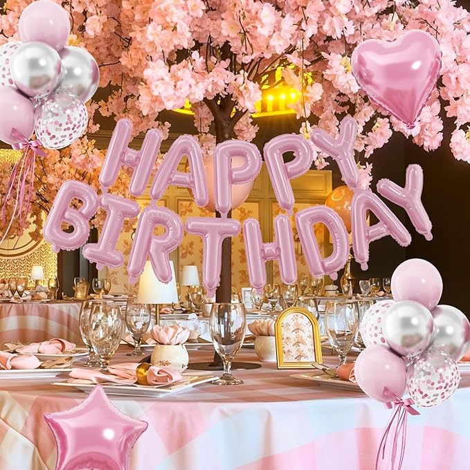 29PC Pastel Pink Happy Birthday Balloons Banner, 16 Inch Aluminum Letter Banner Sign, Pink Silver Confetti Balloon 18 Inch Star Heart Foil Balloon for Women, Girls Birthday Party Supply