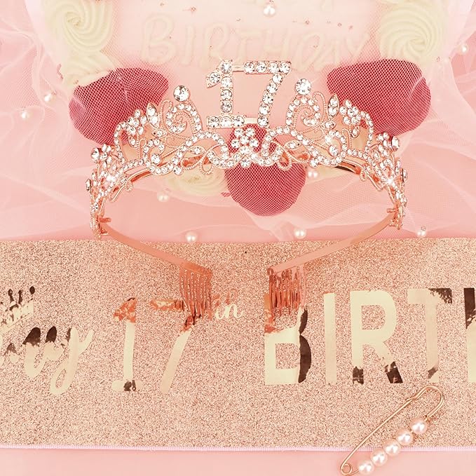 Semato 17th Birthday Decorations for Her Sash and Crown Tiara Kit Rose Gold 17th Birthday Gifts for Girls Party Supplies