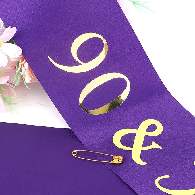 CIEHER Purple 90th Birthday Crown & Sash Set, '90 & Fabulous' Decorations for Women, One Size, Purple