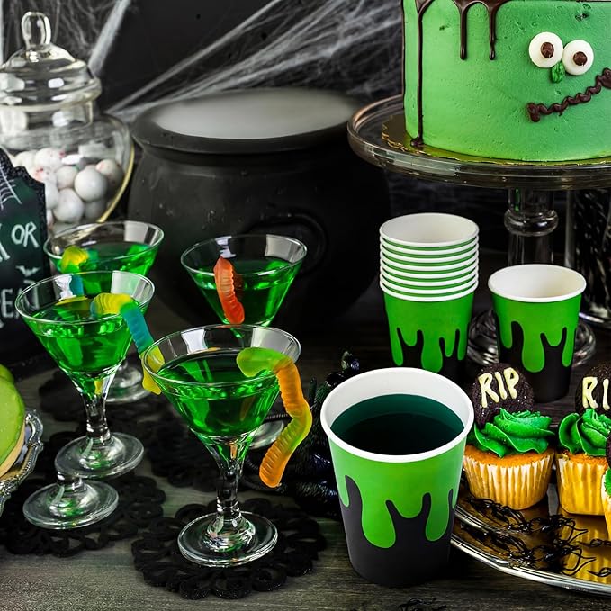 50 Pcs Ghost Themed Disposable Paper Cups 9 oz Green and Black Paper Cups for Juice Hot Cold Beverage Drinking Kids Boys Girls Birthday Party Supplies Halloween Ghost Theme Decor