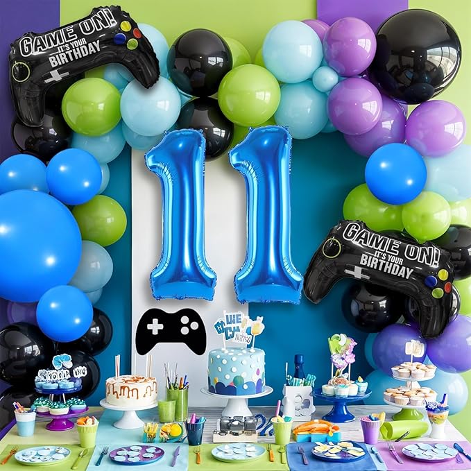 11th Birthday Video Game Balloons Arch, 11th Game Party Balloons Garland Kit 11th Game Birthday Supplies with Blue Number 11 Balloon Game Foil Balloons for 11 Year Old Teens Boys Birthday Decor