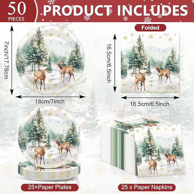 50Pcs Christmas Reindeer Paper Plates and Napkins Watercolor Deer Snow Pine Trees Snowflakes Table Decoration Winter Woodland Disposable Tableware Set 25 Guests Xmas Holiday Birthday Party Supplies