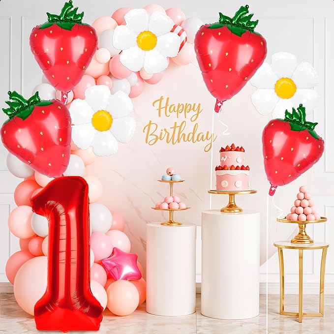 8pcs Berry First Birthday Decor Berry 1st Birthday Decorations for Girl with 40" Red One Balloon for First Bday Decorations Foil Helium Balloons 1st Girl Party Supplies