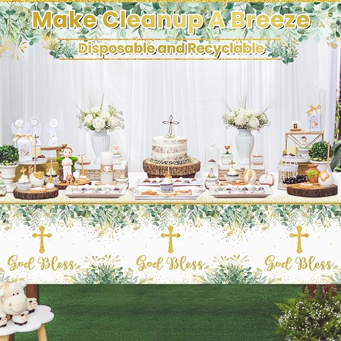 3Pcs God Bless Baptism Tablecloth First Communion Holy Tablecloth Decorations Mi Bautizo Christening Table Cover Disposable Tablecloths for Boys Girls Newborn Baby Shower Party Supplies 54 x 108 inch