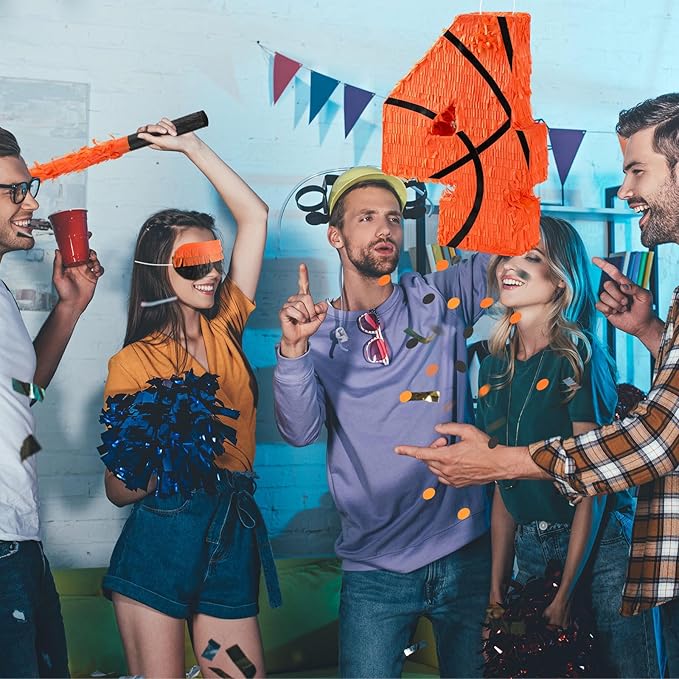 Soulchen Basketball Number 2 3 4 8 Pinata Basketball Party Decorations 16 Inch Piñata with Blindfold Stick and Confetti for Birthday Sports Theme Party Supplies Centerpiece(Number 4)