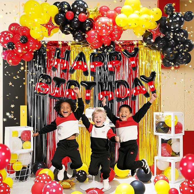 YIIHMEI Cartoon Mouse Birthday Party Decorations Supplies with Black Red Style Letters Banner Balloons Kit for Boy's -105Pcs