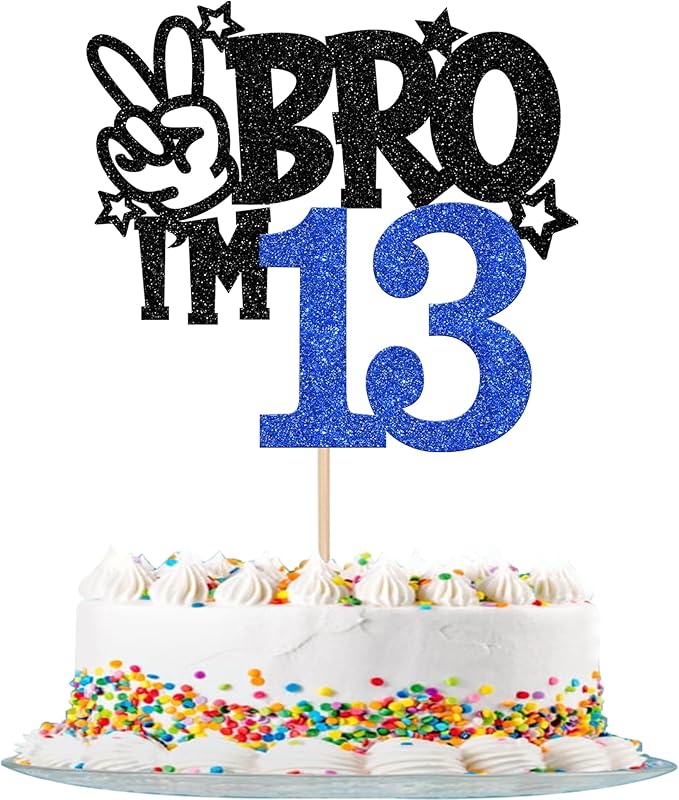 1 PCS Brother I'm 13 Cake Topper Glitter Star Happy 13th Birthday Cake Pick Bro I'm 13 Cake Decoration It's My 13th Birthday Decorations for Boys Cheers to 13 Years Old Birthday Party Supplies Blue