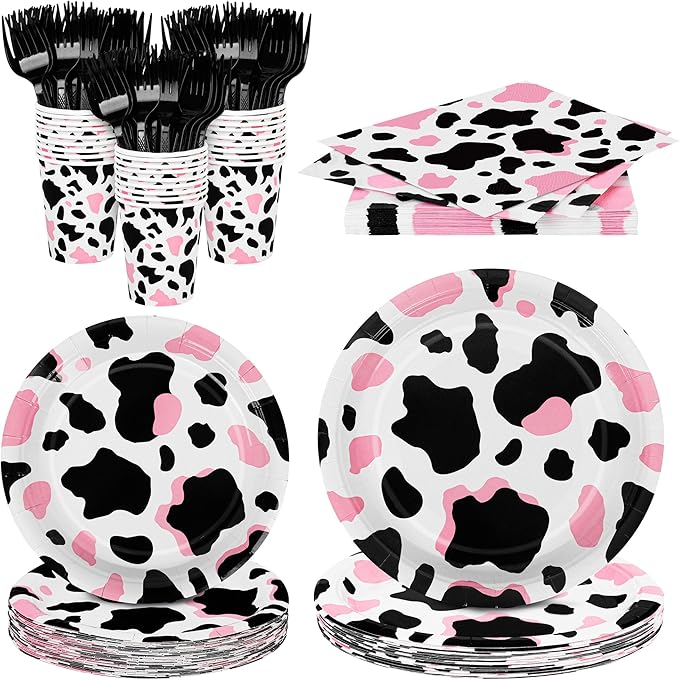 durony 144 Pieces Pink Cow Print Party Tableware Set Including Cowgirl Pink Cow Party Plates Cups Napkins Forks Serves 24 for Baby Shower Farm Cow Party Decorations