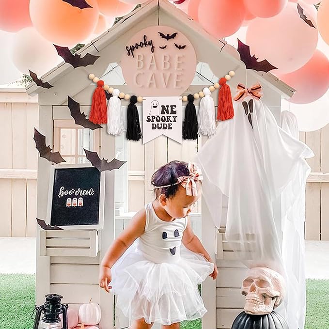 Halloween One Spooky Dude High Chair Banner - Little Ghost Baby 1st Birthday Party Decoration Supplies, Halloween Themed Spooky Tassels Garland, Boo Ghost Sign Birthday Party Backdrop Decoration Banner