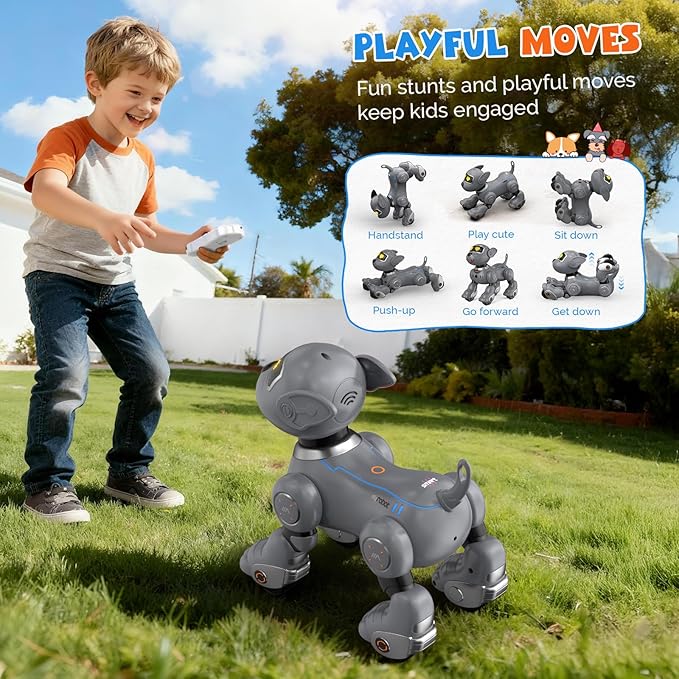 PRANITE Robot Dog, Programmable Remote Control Dog Toy for Kids with One-Key Following, Voice Control, Touch, Dance, Sing, Smart RC Stunt Puppy Toy Gift for Boys Girls (Gray)
