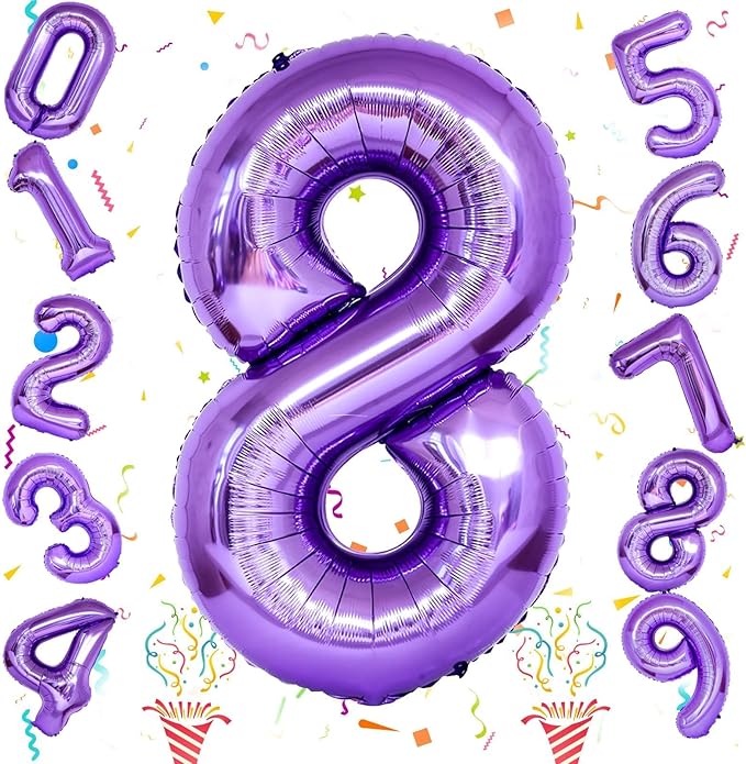 8th Birthday Number Balloons for Kids, Self Inflating 40 Inch Purple Foil 8 Balllon, Large Number 8 Balloons for Girls 8 Years Old Birthday Party Bridal Shower Anniversary Party Decorations Supplies