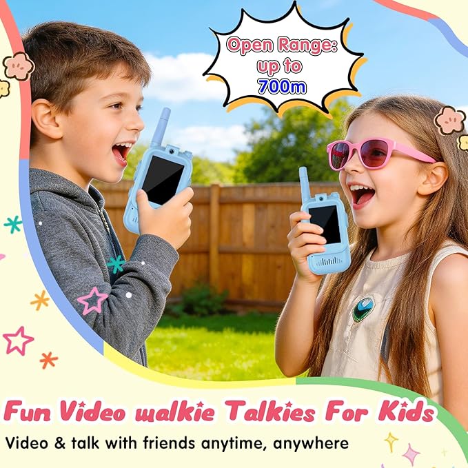 Video Walkie Talkies for Kids 2 PCS, Long Range Kids Walkie Talkies, Rechargeable Video Call Toys for Indoor Camping Hiking Travel, Christmas Birthday Boys Girls Age 3-5 (Blue)
