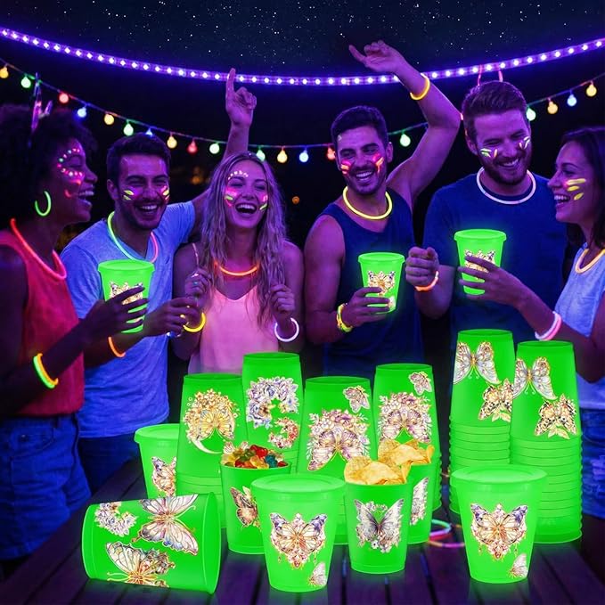 24 Pcs Butterfly Pattern Cups Glow in the Dark Cups 12 oz Plastic Frosted Cup with Lid and Straw Reusable Bulk Green Tumbler for Summer Birthday Party Decoration Baby Shower Party Supplies
