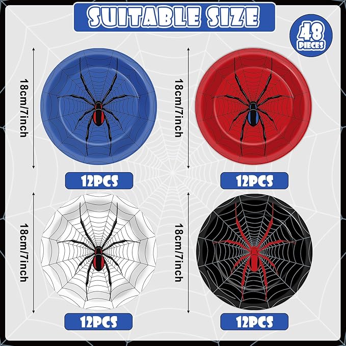 48PCS Spider Party Supplies 7" Super Theme Hero Birthday Parties Dessert Plates Spiderweb Themed Decorations Comic Heroes Tableware Set Cartoon Disposable Paper Plate for Spider Fans Kids Boys Favor