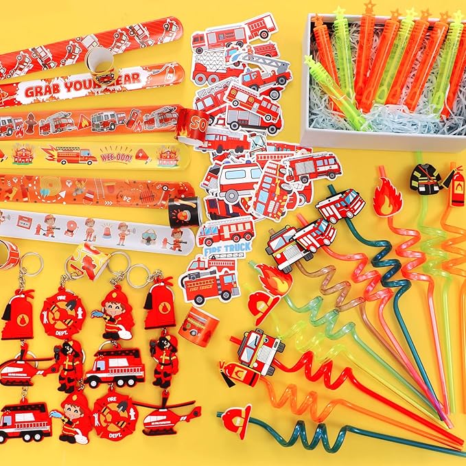 98 Firefighter Party Favors Fire Truck Birthday Decorations Straw Bubble Slap Bracelet Keychain Sticker Kid Boy Toy Accessories Fireman Party Supplies Gift Prize Goodie Bag Stuffers