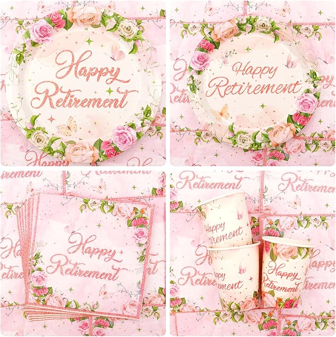 Floral Retirement Party Decorations - Pink Retirement Party Supplies including Backdrop, Plate, Cake Topper, Cup, Napkin, Balloon, Tablecloth - Serves 20