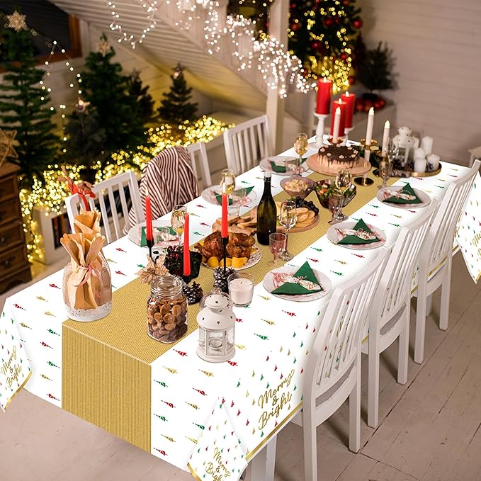 Christmas Winter Waterproof Tablecloths - 3 Packs Gold White Mini Christmas Tree Tablecloths Colorful Waterproof Table Cover Merry Bright Disposable Plastic Tablecloth Xmas Party Table Decor