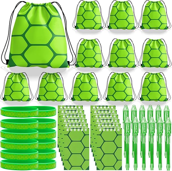 Green Turtles Party Favors, Ninja Theme Birthday Party Supplies & Goodie Bags for Kids, Include Drawstring Bags Notebook Silicone Bracelet Highlighter for Gifts Fillers
