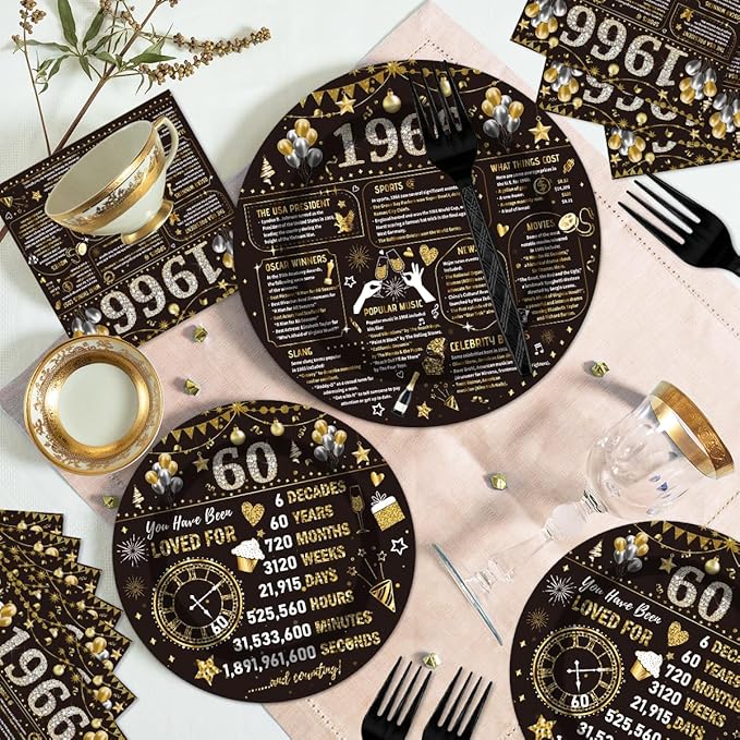 96PCS 60th Birthday Plates and Napkins Party Supplies 60th Birthday Decorations for Women Men 60th Anniversary Decorations Cheers to 60 Years Vintage Tableware Sets Serve 24 Guests