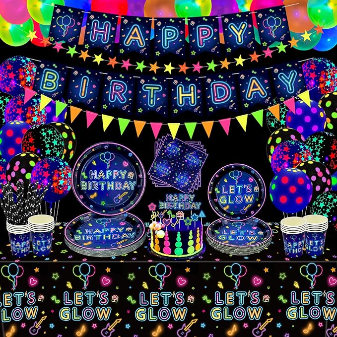 238 PCS Let's Glow Neon Party Supplies - Glow Tableware Set, Balloon Banner, Cake Toppers & Tablecloth for Blacklight Party Decoration (Serves 20)
