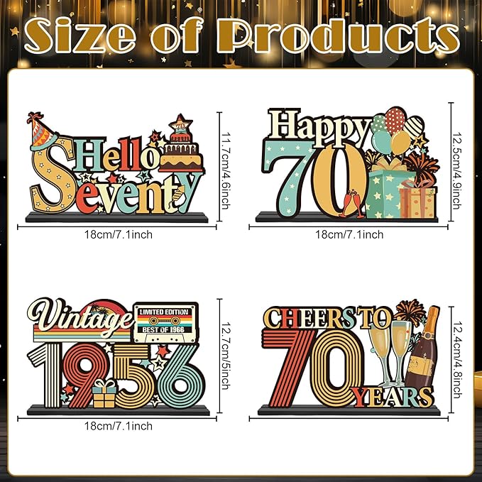70th Birthday Decorations for Men Women - Colorful Hello Fifty Birthday Wooden Centerpieces Table Decor, Vintage 1956 Table Topper Sign, Cheers to 70 Years Old Bday Party Decor Supplies