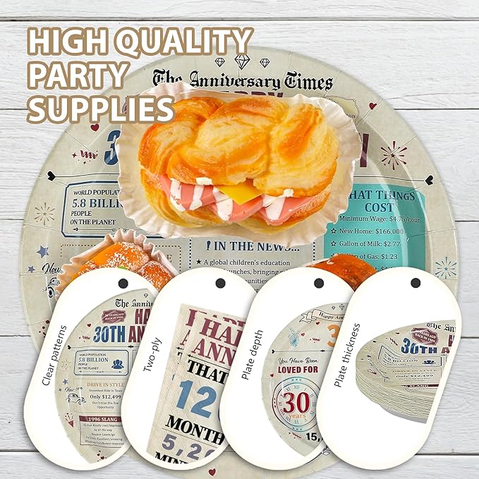 96Pcs 30th Anniversary Party Decorations Retro 30 Years Wedding Aday Plates and Napkins Happy 30th Anniversary Disposable Tableware Set for Vintage 30 Year Wedding Party Supplies Serves 24
