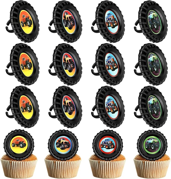 Chuangdi 48 Pieces Truck Cupcake Rings Monster Truck Cupcake Toppers Rings Colorful Car Monster Trucks Birthday Cake Decorations for Race Car Party Supplies 4 Styles