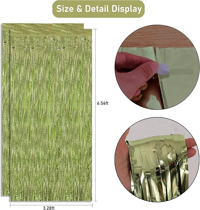 TONIFUL 3Pcs Light Green Door Streamers,Green Photo Booth Backdrop,Metallic Streamers Green Foil Fringe Curtains for Birthday,Christmas,New Year,St. Patrick's Day Party Streamers Decor