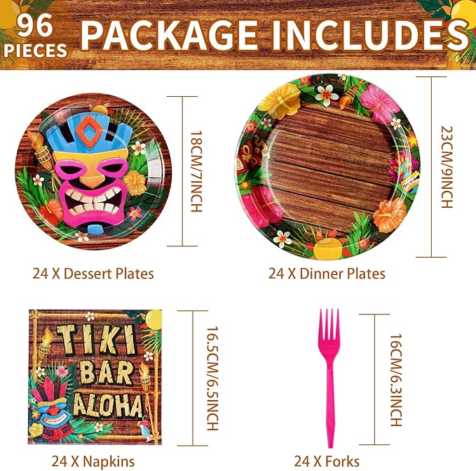 Grencian 96Pcs Hawaiian Tiki Party Supplies Tiki Party Plates Disposable 350GSM Hawaiian Aloha Paper Tableware Set for Jungle Tropical Beach Birthday Baby Shower Pool Picnic Decorations, Serves 24