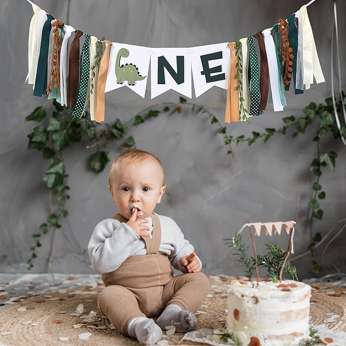 Dinosaur 1st Birthday High Chair Banner - Baby Boy First Highchair Banner for Party Supplies, Dinosaur Themed One High Chair Garland Birthday Party Decorations, Cake Smash Photo Props