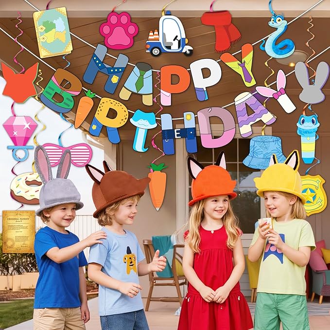 62 Pcs Cartoon Animal Hanging Swirl City Animals Adventure Birthday Banner Cute Animals Hanging Streamer for City Animal Themed Cartoon Movie Fans Birthday Party Baby Shower Supplies