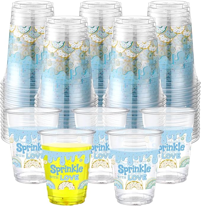 Qinyoung 50 Pcs 16 oz Donut Sprinkle Cups for Donut Baby Shower Decorations Baby Shower Cups Plastic Disposable Drinking Cups Donut Birthday Party Supplies