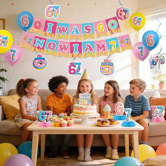 6 7 Birthday Party Decoration Set Funny 6 7 Meme Donut Theme Decor with Hanging Swirls Honeycomb Centerpieces I Was 6 Now I'm 7 Banner Cake Topper Blue and Pink Six Seven Party Supplies
