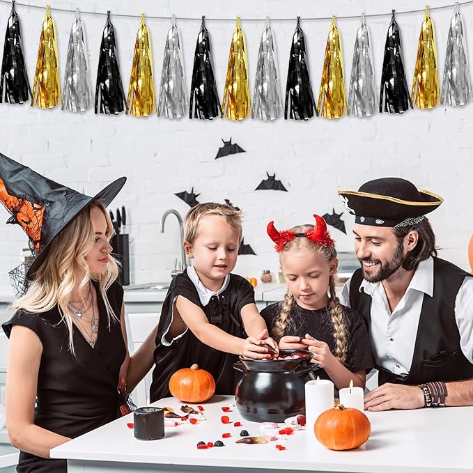 4P Black Gold Silver Foil Fringe Tassel Garland Banner Metallic Tinsel Streamers Wall Hanging Curtain Backdrop Banner for Parade Floats, 2025 Graduation Decorations,New Years Decorations, Father' Day
