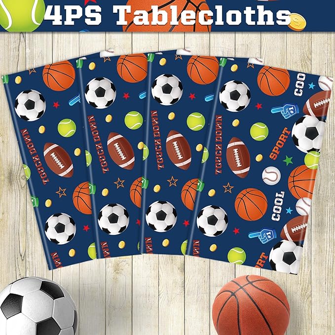 4 Pack Sports Party Decorations Sport Tablecloth Sport Theme Birthday Table Cloth Soccer Basketball Football Baseball Table Covers for Boys All Star Sports Themed Party Supplies 51 x 86 in