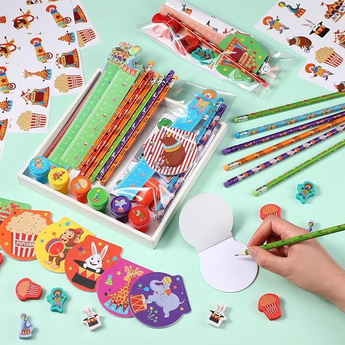 Cholemy 168 Pcs Circus Party Favors Carnival Party Supplies Circus Animal Stationery Set Notebook Sticker Stamper Eraser Ruler Pencil Bag for Carnival Baby Shower Birthday Gift Classroom Prize
