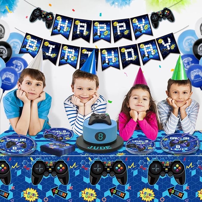 81 Pcs Video Game Party Supplies - 8th Birthday Video Game Party Decor Dinner Plates Napkins Video Game Tablecloth Forks Gaming Party Pack for Kid Boy 8th Birthday Party, Serves 20 (8th)