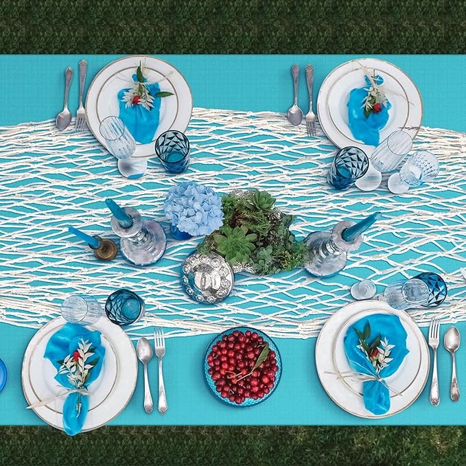 Unittype 8 Pcs Fish Net Decorative and Tablecloth Set, Cotton Fishnet and Plastic Table Cover Decorations Set for Nautical Themed Party Baby Shower Pirate Decorations Mermaid Party (Natural Colors)