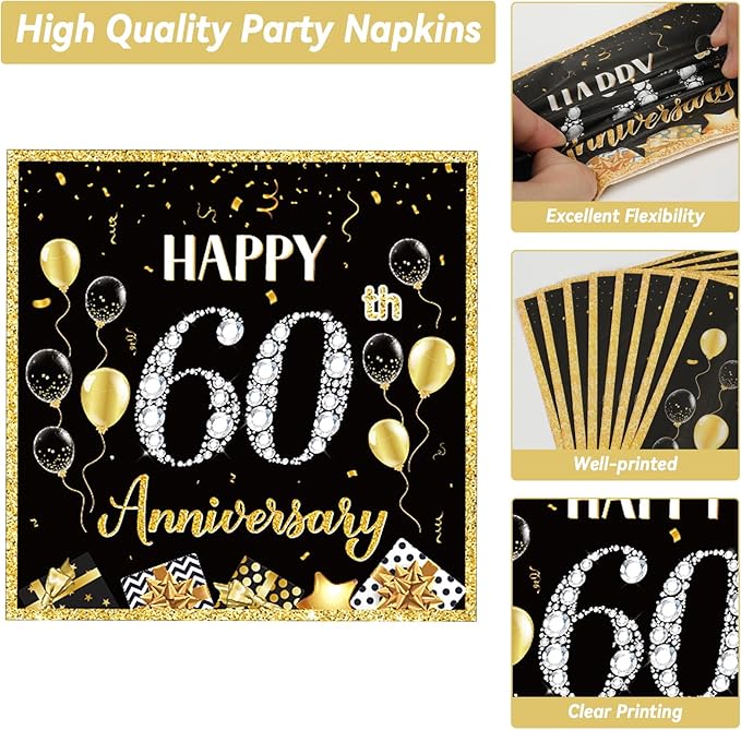 Qyeahkj 50 Guests 60th Anniversary Plates and Napkins Party Supplies 60th Wedding Party Decorations Disposable Tableware Set Dinnerware Favor for Birthday Women, 200PCS