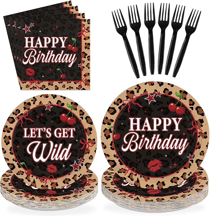 96Pcs Cheetah Print Birthday Decorations Cherry Leopard Plates and Napkins Tableware Sets Red Black Cheetah Platters for Leopard Safari Theme Girls Women Birthday Baby Shower Supplies Serves 24