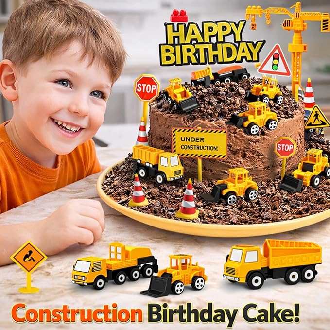 HERCOCCI 25Pcs Construction Cake Topper, Excavator Tower Cupcake Topper Bulldozer Backhoe Traffic Road Sign Cake Decor Vehicles Decorations Construction Birthday Party Supplies