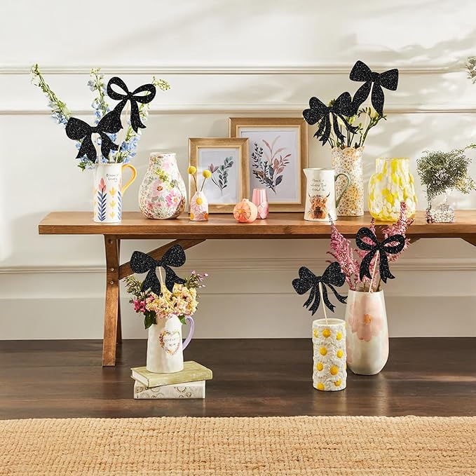 Gyufise 12Pcs Bow Centerpiece Sticks Birthday Bowknot Ribbons Coquette Table Flower Centerpieces Sticks Bow High Footed Party Decorations for Bridal Shower Birthday Wedding Party Supplies Black